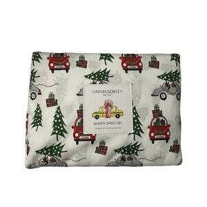 NWT Cynthia Rowley CHRISTMAS TREE TRAVEL CATS Queen Size Sheet Set